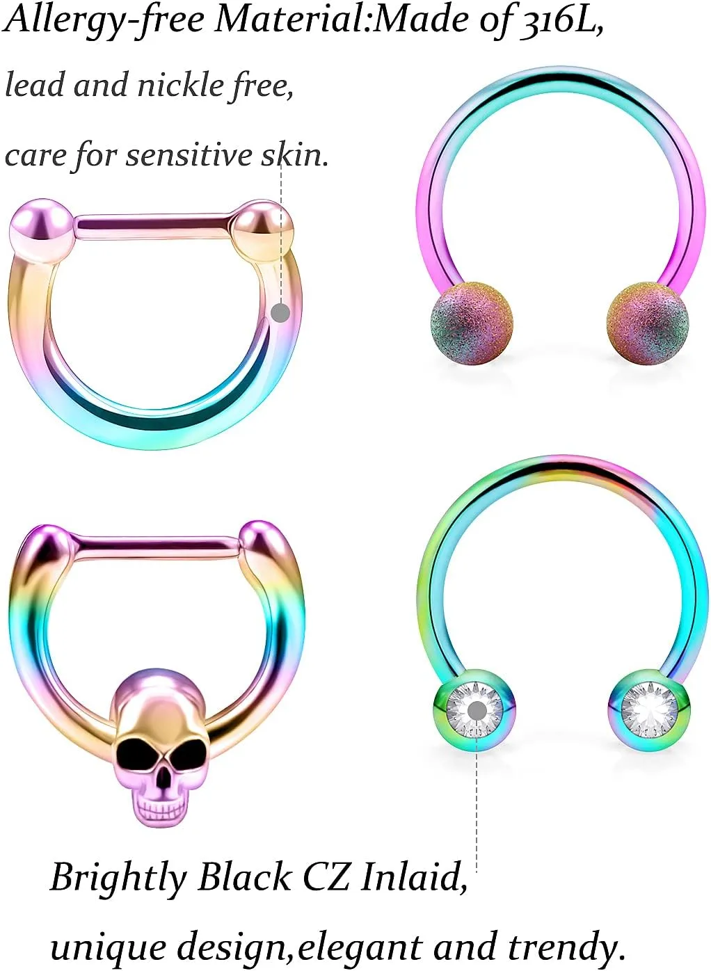 Vsnnsns 16G Septum Rings Piercing Jewelry 316L Stainless Surgical Steel Skull Flower Opal Clicker Horseshoe Septum Nose Rings Hoop Piercing Jewelry for Women Men Silver Black Rose Gold 10mm