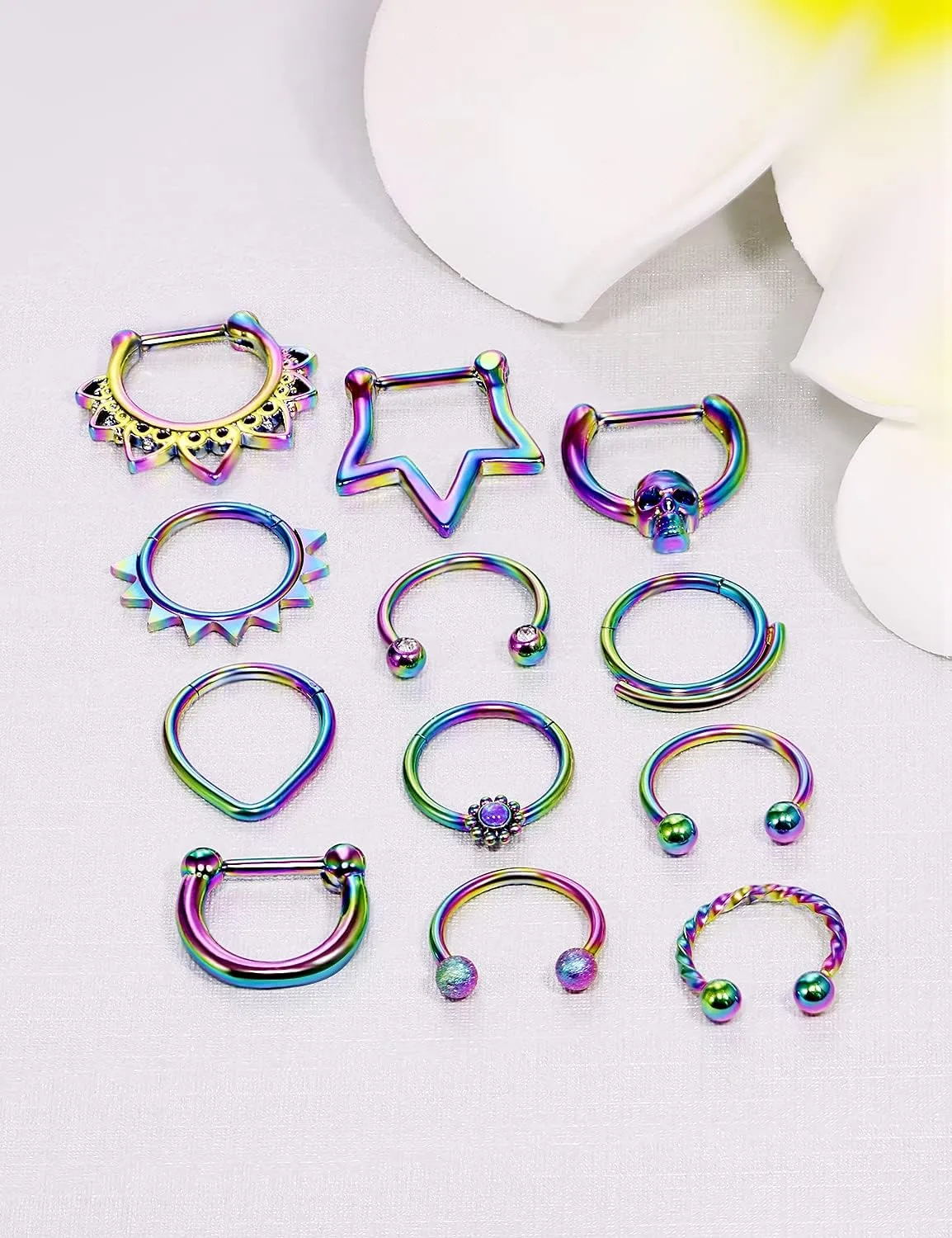 Vsnnsns 16G Septum Rings Piercing Jewelry 316L Stainless Surgical Steel Skull Flower Opal Clicker Horseshoe Septum Nose Rings Hoop Piercing Jewelry for Women Men Silver Black Rose Gold 10mm