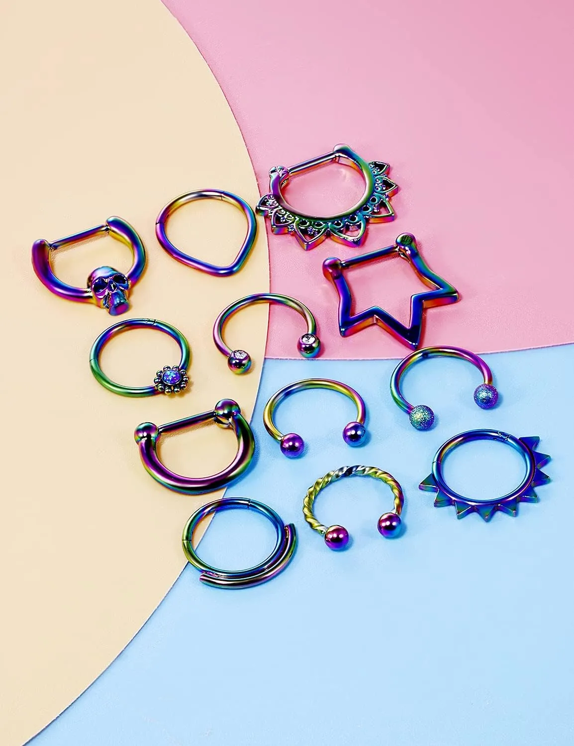 Vsnnsns 16G Septum Rings Piercing Jewelry 316L Stainless Surgical Steel Skull Flower Opal Clicker Horseshoe Septum Nose Rings Hoop Piercing Jewelry for Women Men Silver Black Rose Gold 10mm