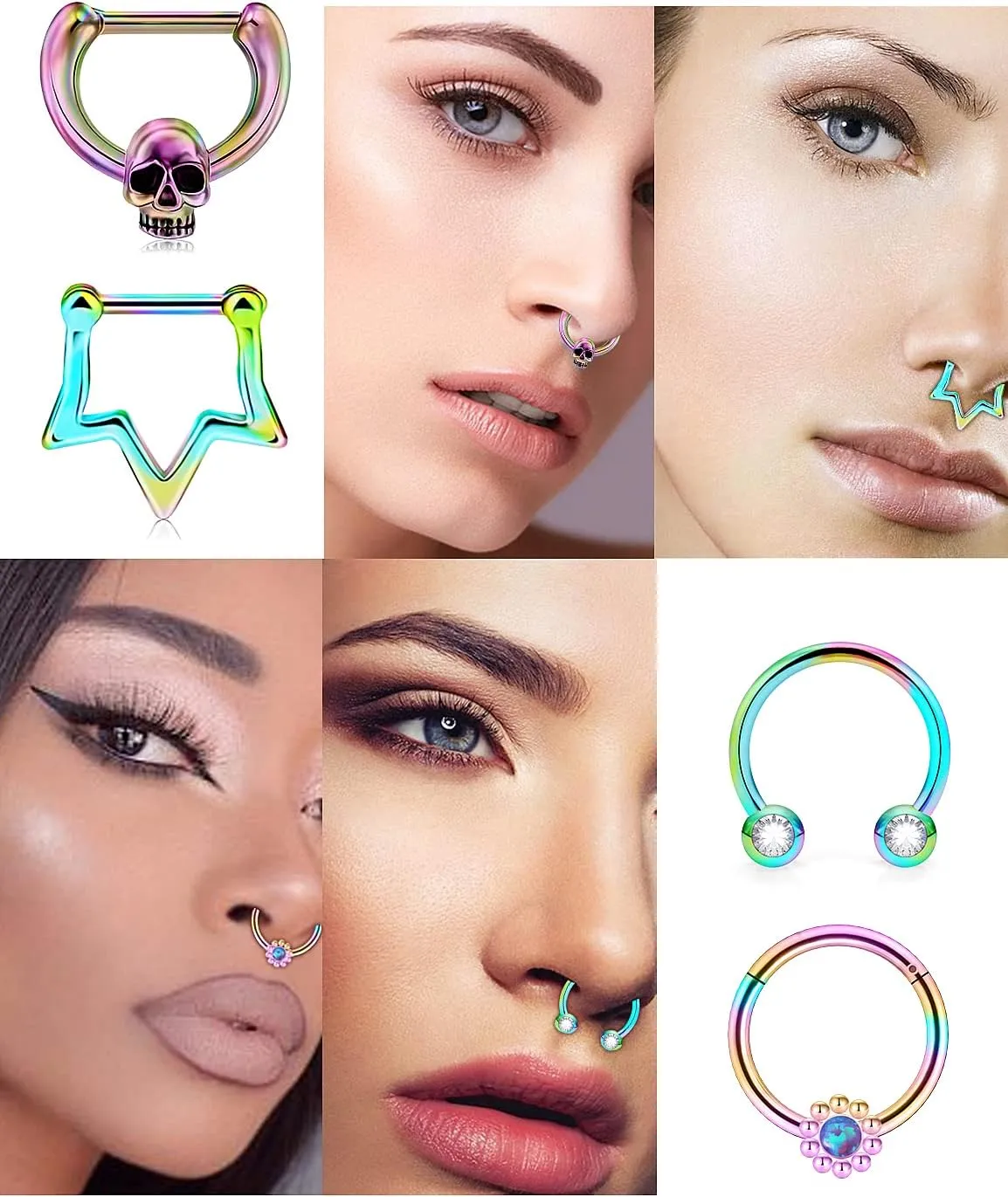 Vsnnsns 16G Septum Rings Piercing Jewelry 316L Stainless Surgical Steel Skull Flower Opal Clicker Horseshoe Septum Nose Rings Hoop Piercing Jewelry for Women Men Silver Black Rose Gold 10mm