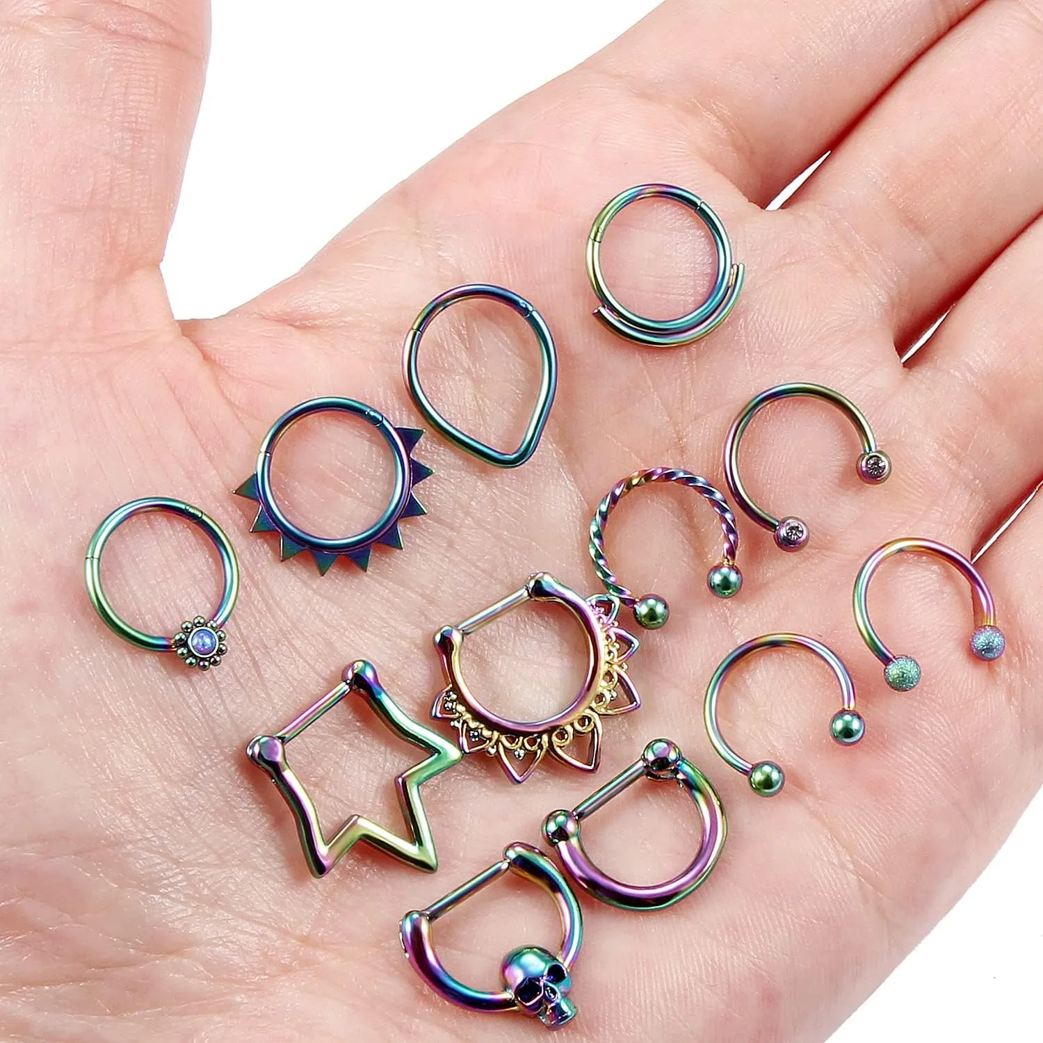 Vsnnsns 16G Septum Rings Piercing Jewelry 316L Stainless Surgical Steel Skull Flower Opal Clicker Horseshoe Septum Nose Rings Hoop Piercing Jewelry for Women Men Silver Black Rose Gold 10mm