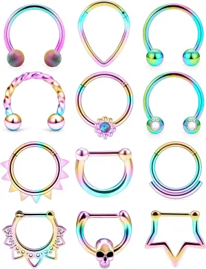 Vsnnsns 16G Septum Rings Piercing Jewelry 316L Stainless Surgical Steel Skull Flower Opal Clicker Horseshoe Septum Nose Rings Hoop Piercing Jewelry for Women Men Silver Black Rose Gold 10mm