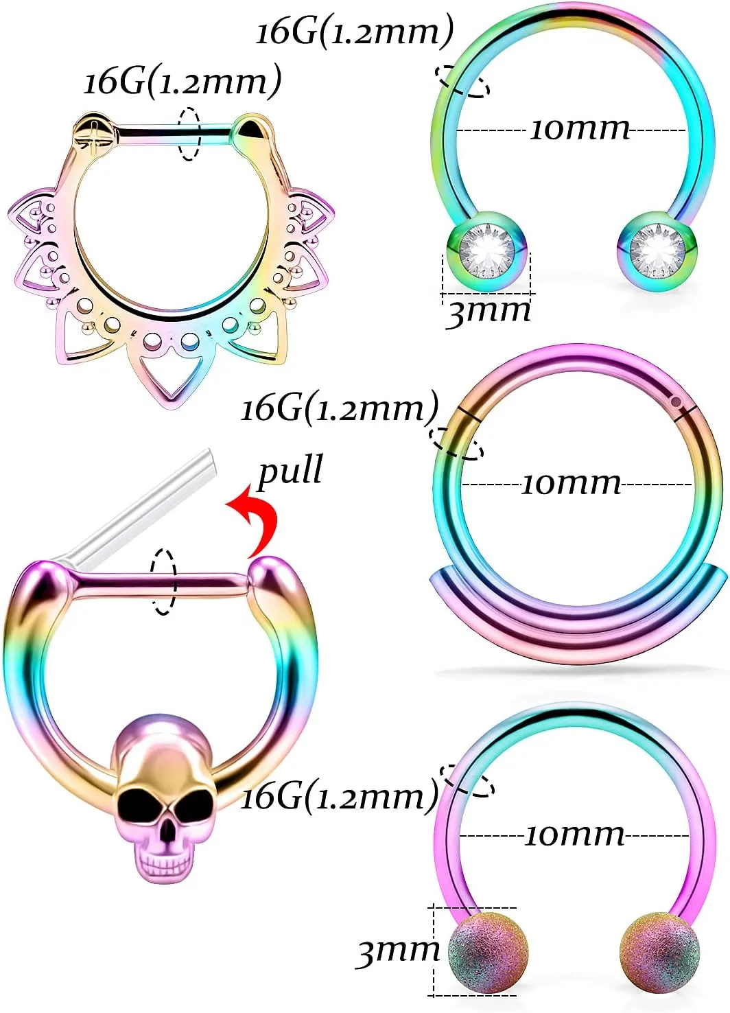 Vsnnsns 16G Septum Rings Piercing Jewelry 316L Stainless Surgical Steel Skull Flower Opal Clicker Horseshoe Septum Nose Rings Hoop Piercing Jewelry for Women Men Silver Black Rose Gold 10mm
