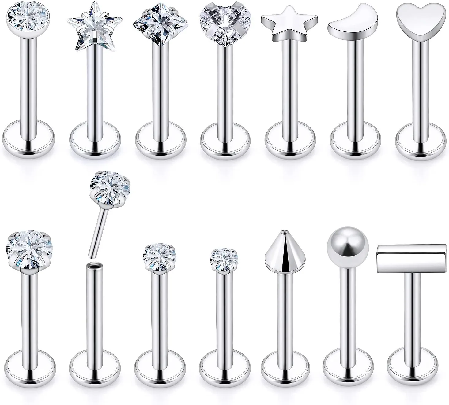 Vsnnsns 18G 20G Threadless Push in Nose Rings Studs for Women Stainless Steel Flat Back Studs Earrings Diamond CZ Tragus Helix Conch Cartilage Lobe Earrings Stud Piercing Jewelry for Women Men 14PCS