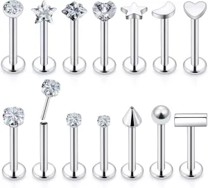Vsnnsns 18G 20G Threadless Push in Nose Rings Studs for Women Stainless Steel Flat Back Studs Earrings Diamond CZ Tragus Helix Conch Cartilage Lobe Earrings Stud Piercing Jewelry for Women Men 14PCS