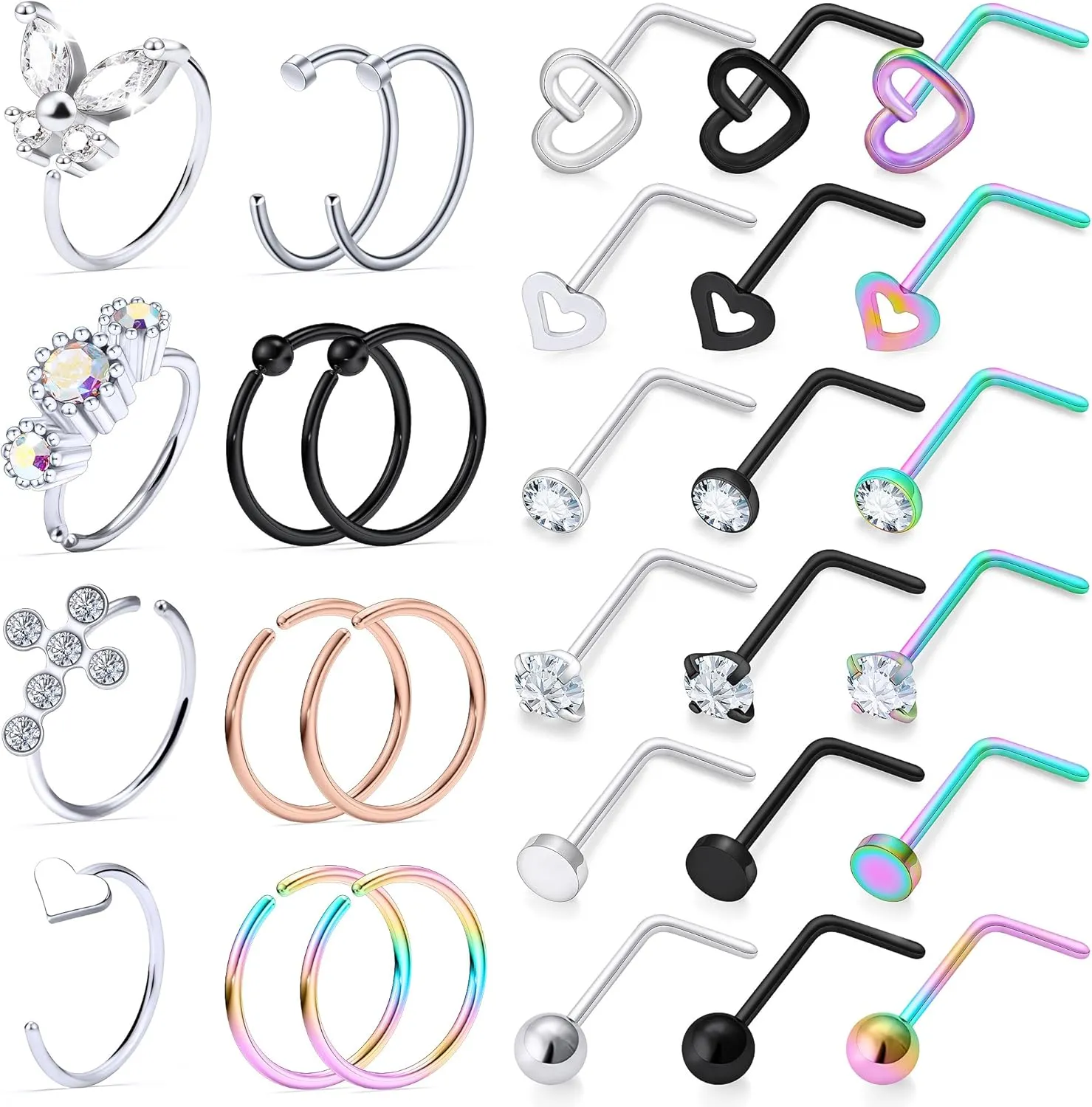 Vsnnsns 20G Nose Rings Studs Piercing Jewelry for Women 316L Surgical Stainless Steel L Shaped Corkscrew Straight Butterfly Heart Diamond CZ Hoop Nose Rings Studs Nostril Piercing Jewelry Silver Gold