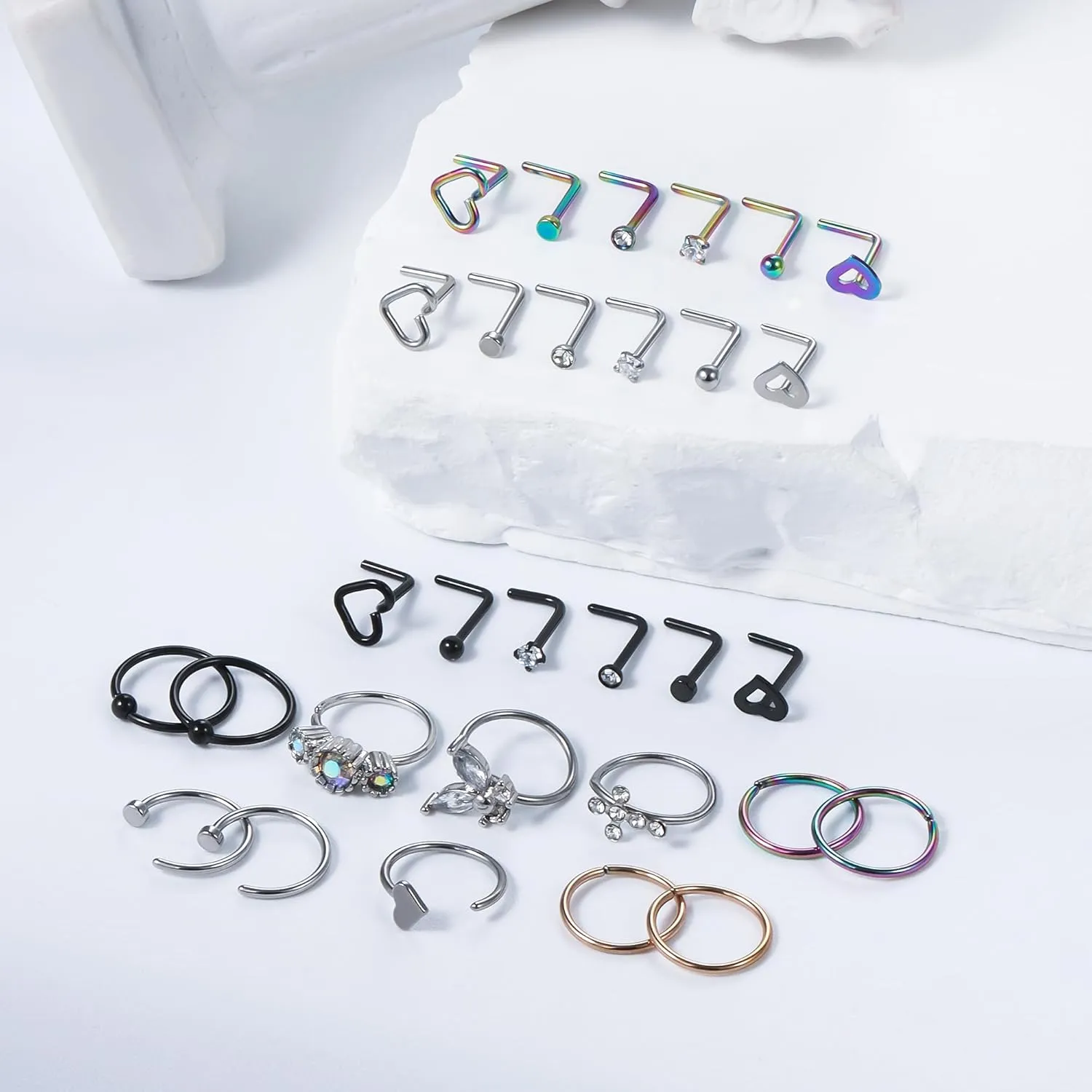 Vsnnsns 20G Nose Rings Studs Piercing Jewelry for Women 316L Surgical Stainless Steel L Shaped Corkscrew Straight Butterfly Heart Diamond CZ Hoop Nose Rings Studs Nostril Piercing Jewelry Silver Gold