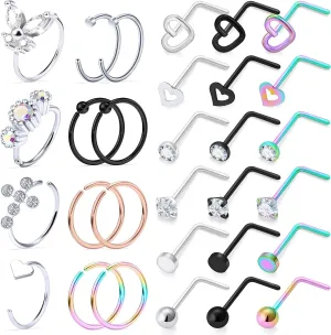 Vsnnsns 20G Nose Rings Studs Piercing Jewelry for Women 316L Surgical Stainless Steel L Shaped Corkscrew Straight Butterfly Heart Diamond CZ Hoop Nose Rings Studs Nostril Piercing Jewelry Silver Gold