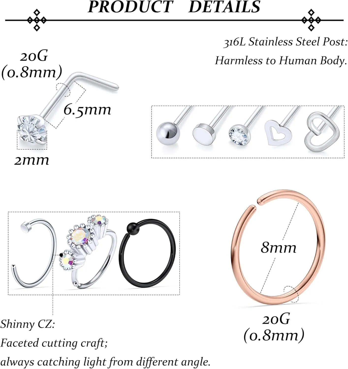 Vsnnsns 20G Nose Rings Studs Piercing Jewelry for Women 316L Surgical Stainless Steel L Shaped Corkscrew Straight Butterfly Heart Diamond CZ Hoop Nose Rings Studs Nostril Piercing Jewelry Silver Gold