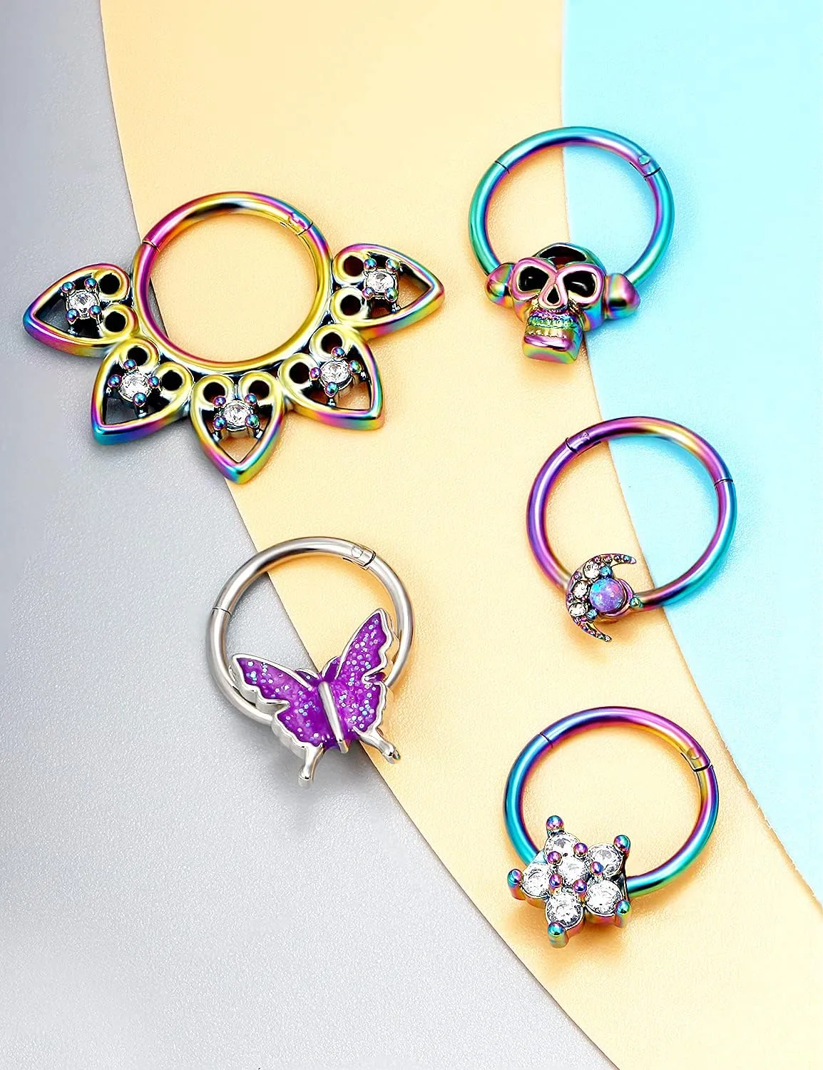 Vsnnsns Septum Ring 16G Stainless Steel Skull Septum Piercing Jewelry Clicker Flower Nose Ring Hoop Piercing Jewelry for Women Men Silver Black Rainbow Rose Gold 10mm