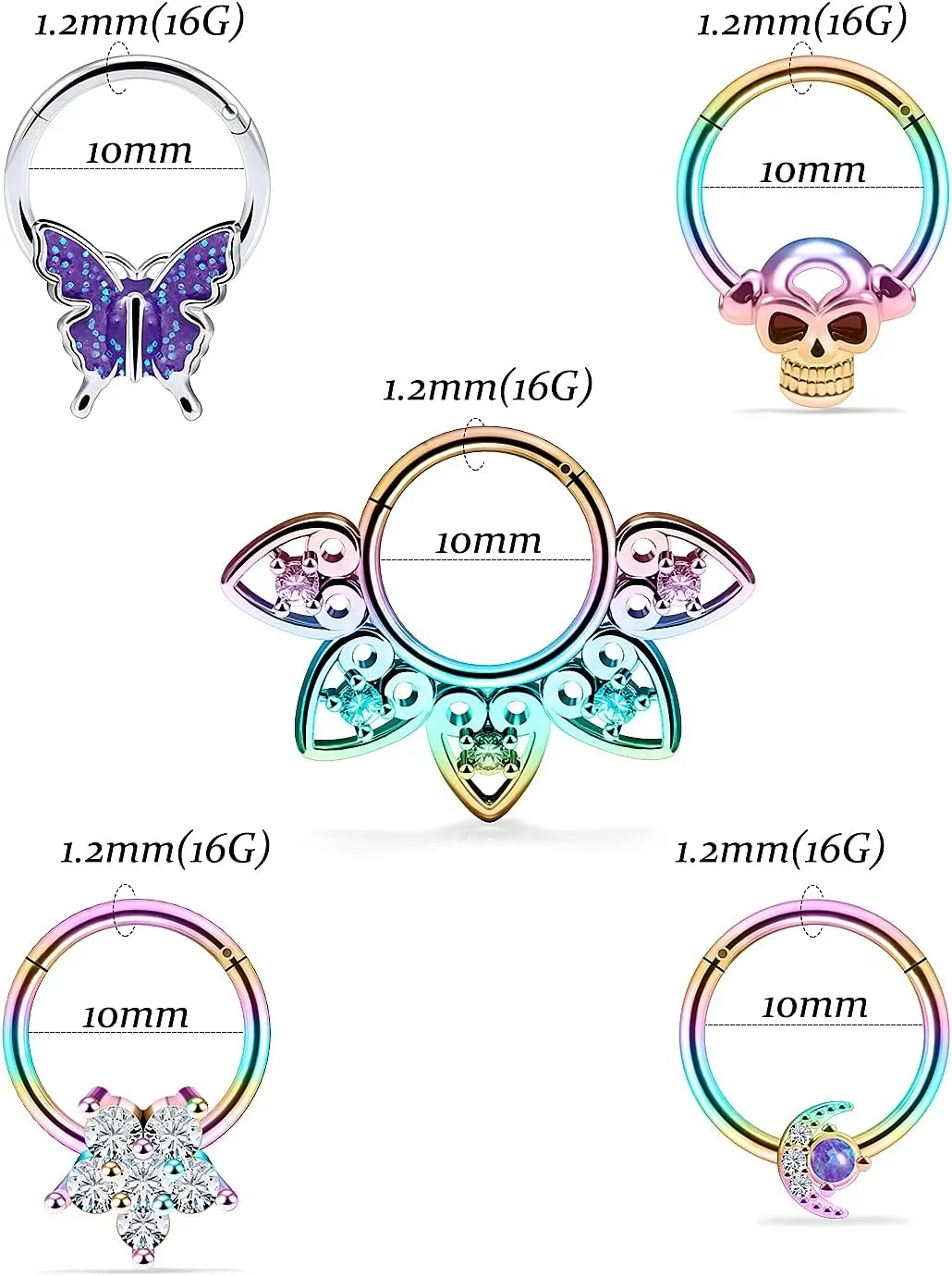 Vsnnsns Septum Ring 16G Stainless Steel Skull Septum Piercing Jewelry Clicker Flower Nose Ring Hoop Piercing Jewelry for Women Men Silver Black Rainbow Rose Gold 10mm