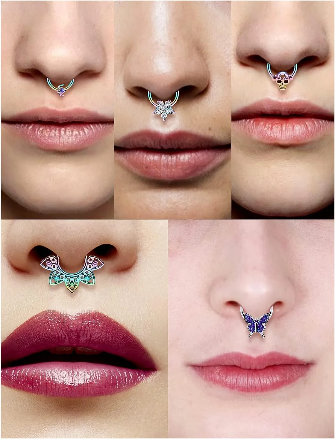 Vsnnsns Septum Ring 16G Stainless Steel Skull Septum Piercing Jewelry Clicker Flower Nose Ring Hoop Piercing Jewelry for Women Men Silver Black Rainbow Rose Gold 10mm