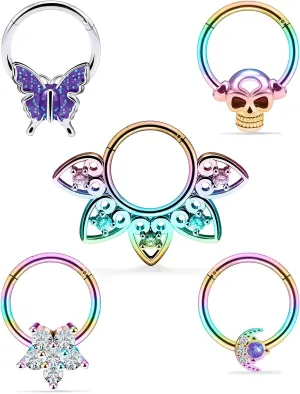 Vsnnsns Septum Ring 16G Stainless Steel Skull Septum Piercing Jewelry Clicker Flower Nose Ring Hoop Piercing Jewelry for Women Men Silver Black Rainbow Rose Gold 10mm