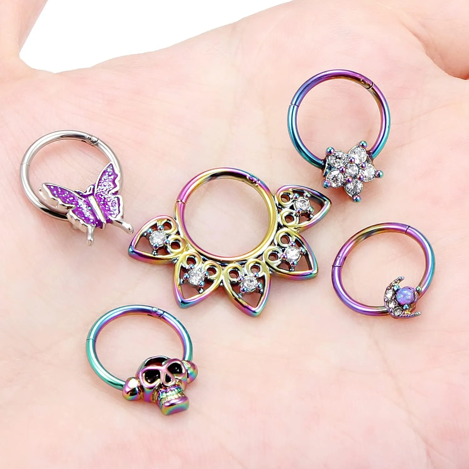 Vsnnsns Septum Ring 16G Stainless Steel Skull Septum Piercing Jewelry Clicker Flower Nose Ring Hoop Piercing Jewelry for Women Men Silver Black Rainbow Rose Gold 10mm