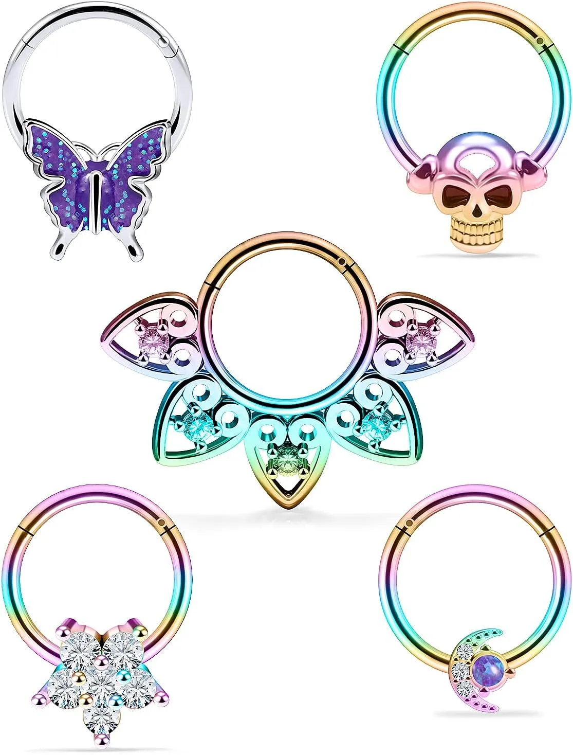 Vsnnsns Septum Ring 16G Stainless Steel Skull Septum Piercing Jewelry Clicker Flower Nose Ring Hoop Piercing Jewelry for Women Men Silver Black Rainbow Rose Gold 10mm