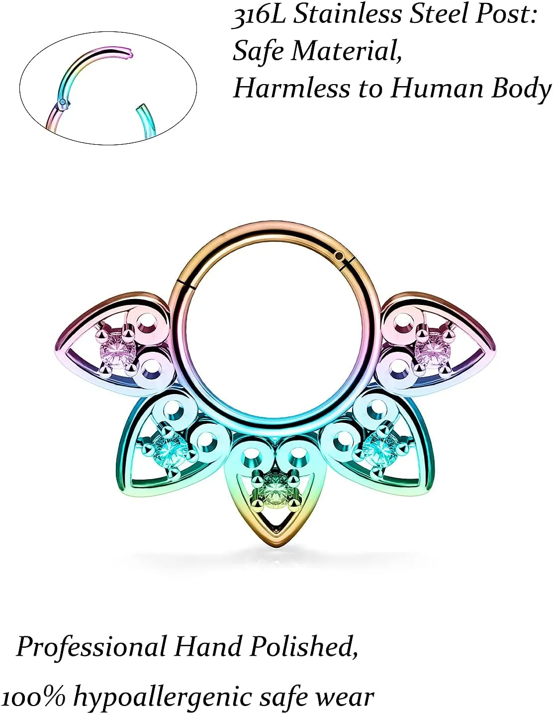Vsnnsns Septum Ring 16G Stainless Steel Skull Septum Piercing Jewelry Clicker Flower Nose Ring Hoop Piercing Jewelry for Women Men Silver Black Rainbow Rose Gold 10mm