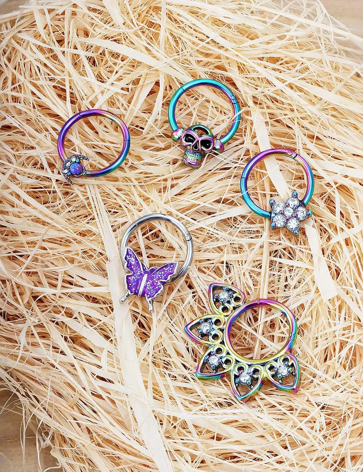 Vsnnsns Septum Ring 16G Stainless Steel Skull Septum Piercing Jewelry Clicker Flower Nose Ring Hoop Piercing Jewelry for Women Men Silver Black Rainbow Rose Gold 10mm