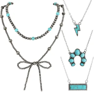 WAINIS 5PCS Western Necklaces for Women Layered Navajo Pearl Bow Necklace Turquoise Cow Lightning Horseshoe Pendant Necklace Cowgirl Boho Jewelry Set