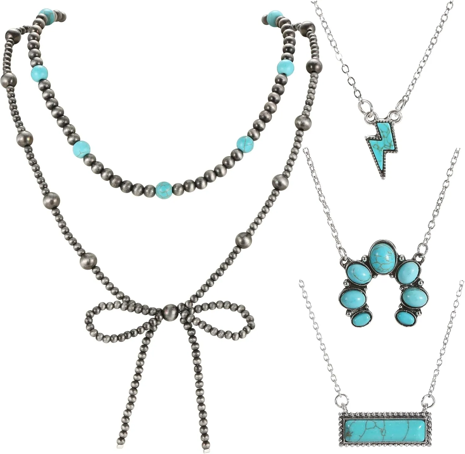 WAINIS 5PCS Western Necklaces for Women Layered Navajo Pearl Bow Necklace Turquoise Cow Lightning Horseshoe Pendant Necklace Cowgirl Boho Jewelry Set