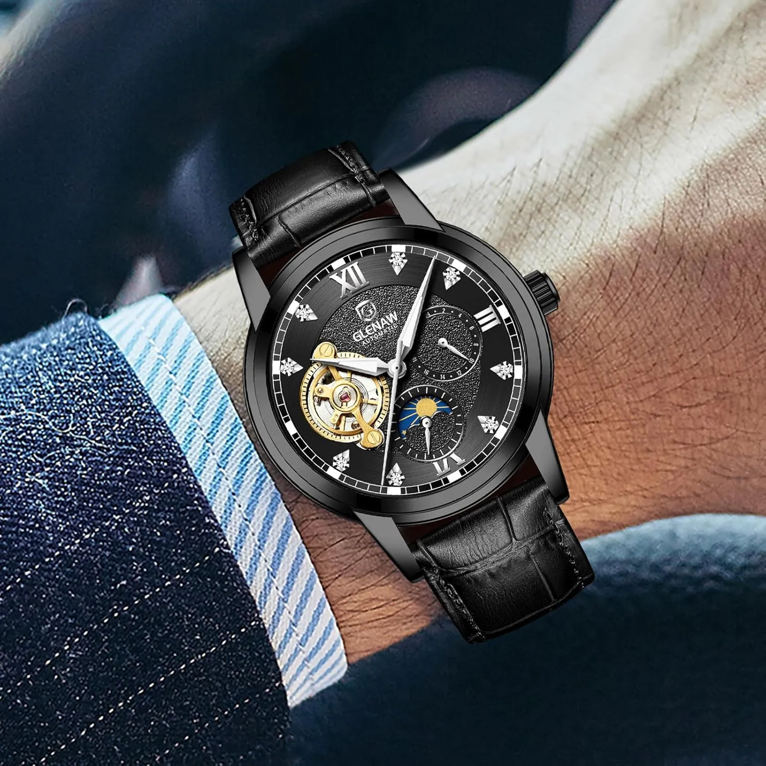 Watch Automatic Watches for Men Skeleton Diamond Luxury Mechanical Self Winding Dress Wrist Watch Waterproof Luminous