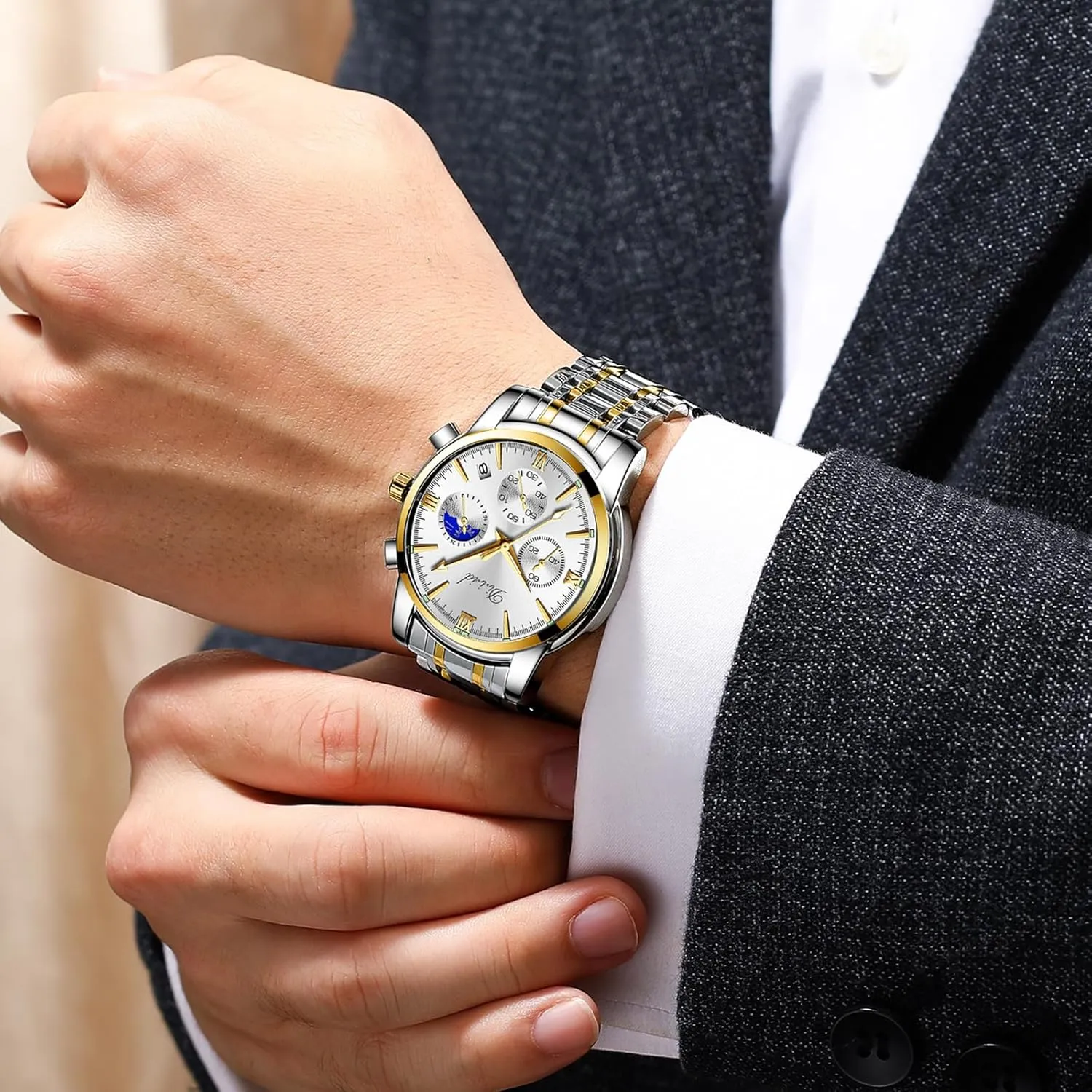 Watches for Men, Business Dress Mens Watches Chronograph Analog Quartz Stainless Steel Waterproof Luminous Date Luxury Casual Wrist Watch
