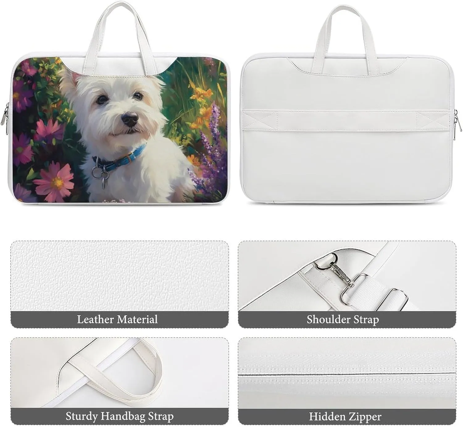 West Highland Terrier in The Garden Leather Bag Laptop Case Slim Water Resistant Computer Bags with Handle Briefcase for Work