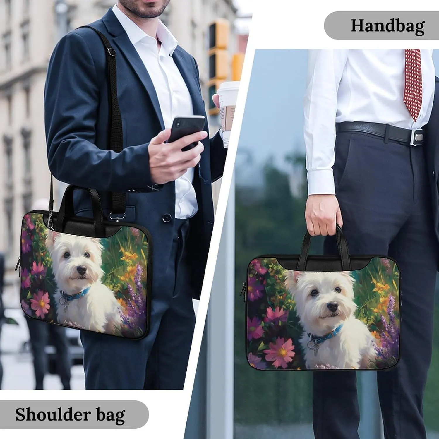 West Highland Terrier in The Garden Leather Bag Laptop Case Slim Water Resistant Computer Bags with Handle Briefcase for Work