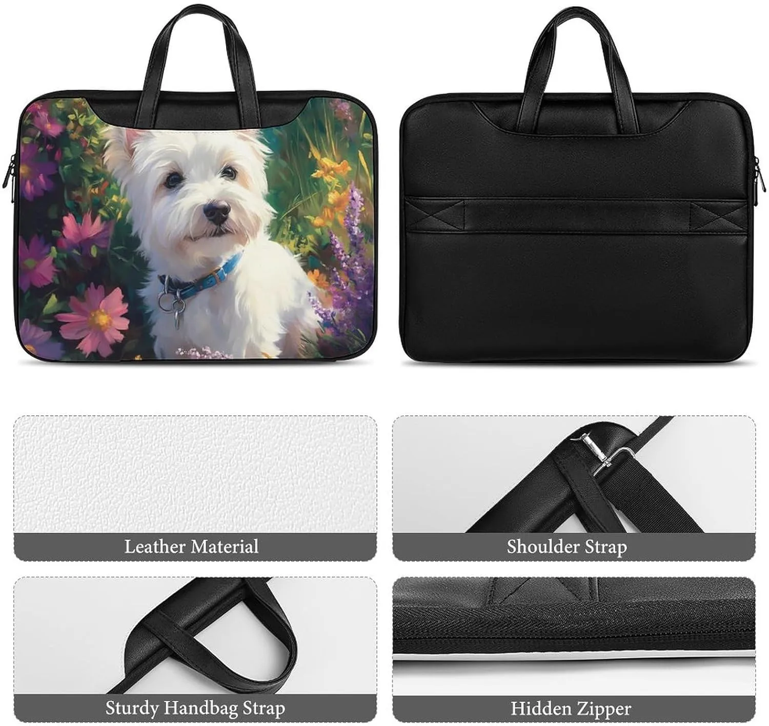 West Highland Terrier in The Garden Leather Bag Laptop Case Slim Water Resistant Computer Bags with Handle Briefcase for Work
