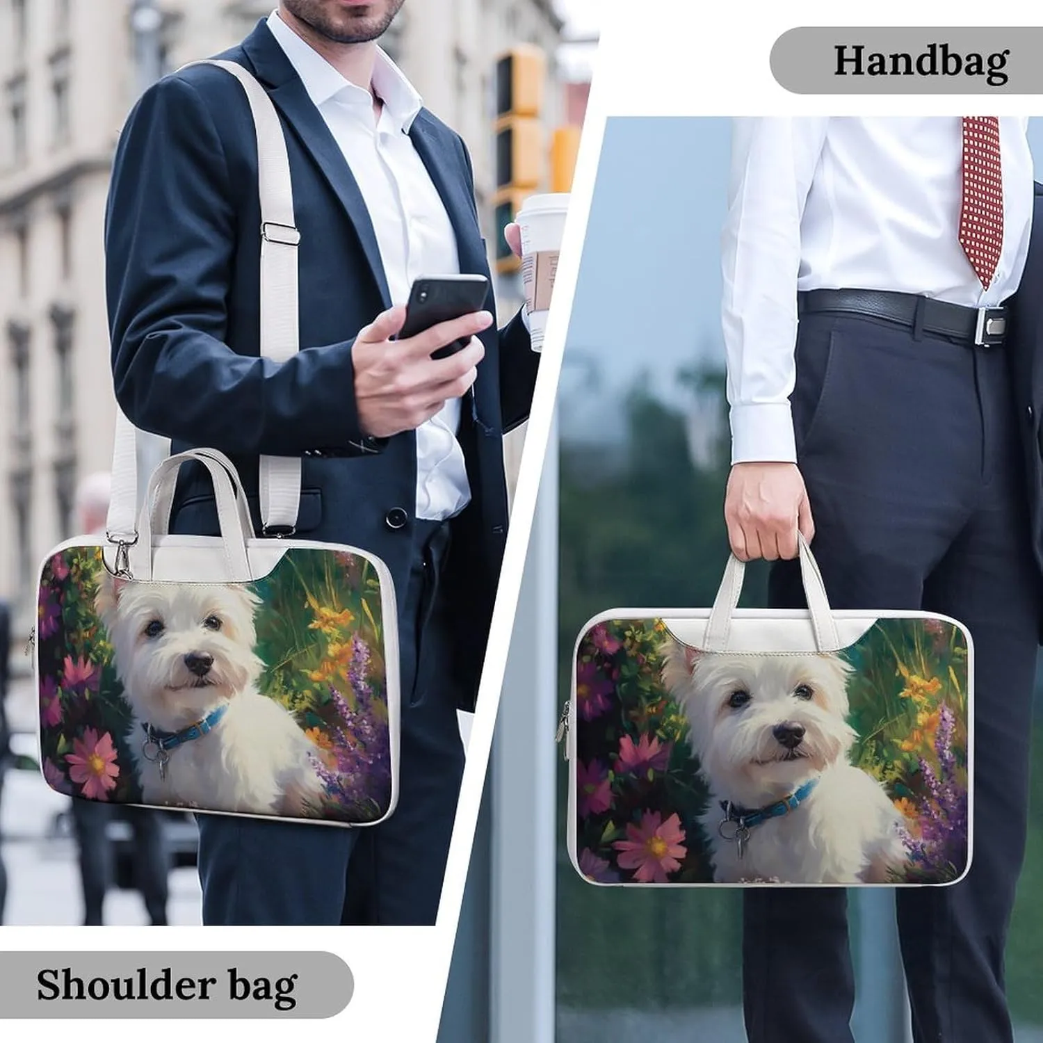 West Highland Terrier in The Garden Leather Bag Laptop Case Slim Water Resistant Computer Bags with Handle Briefcase for Work