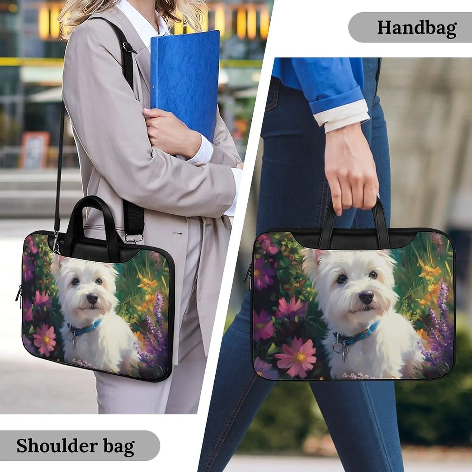 West Highland Terrier in The Garden Leather Bag Laptop Case Slim Water Resistant Computer Bags with Handle Briefcase for Work