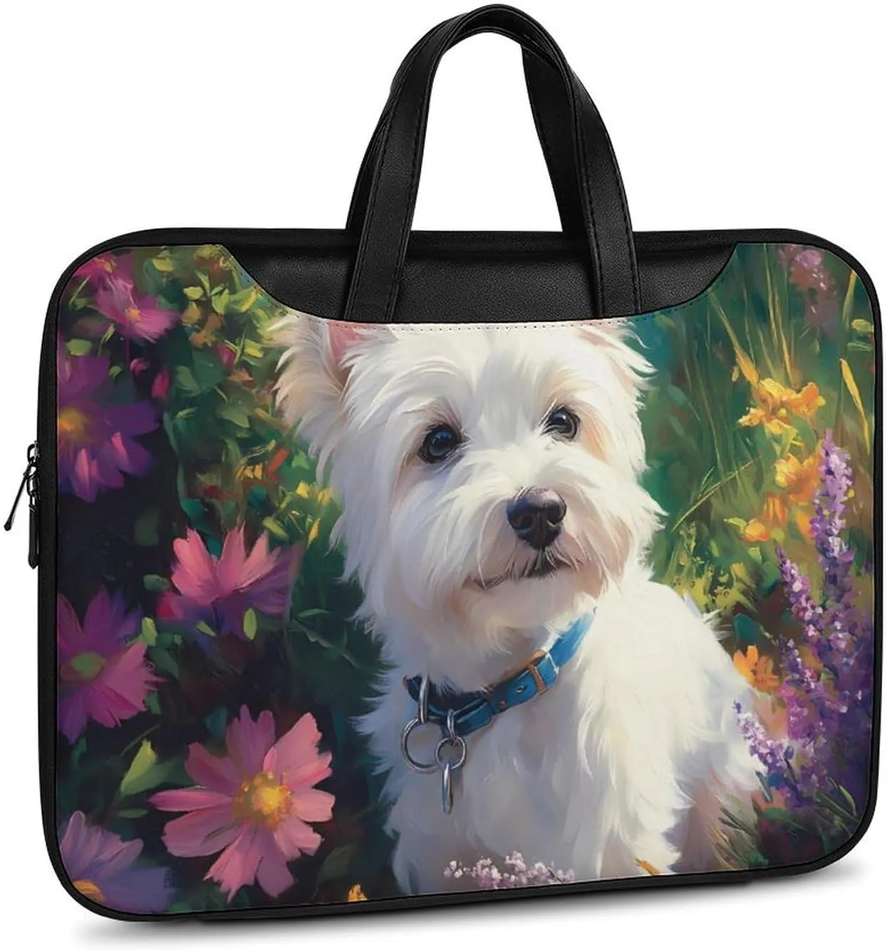 West Highland Terrier in The Garden Leather Bag Laptop Case Slim Water Resistant Computer Bags with Handle Briefcase for Work