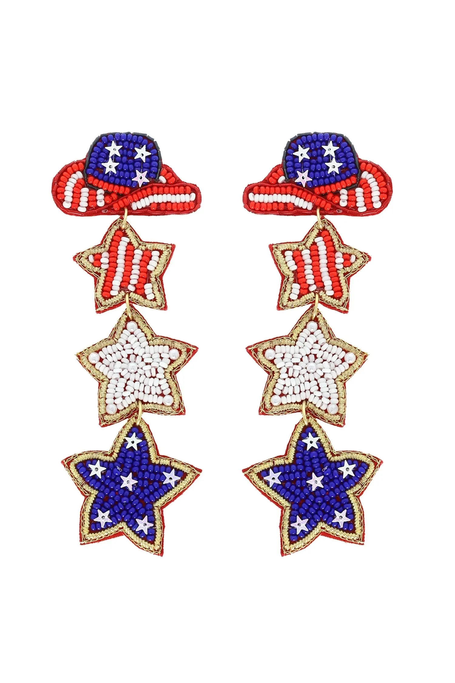 Western Cowboy Hat USA Flag Patriotic Star Beaded Dangle Earrings