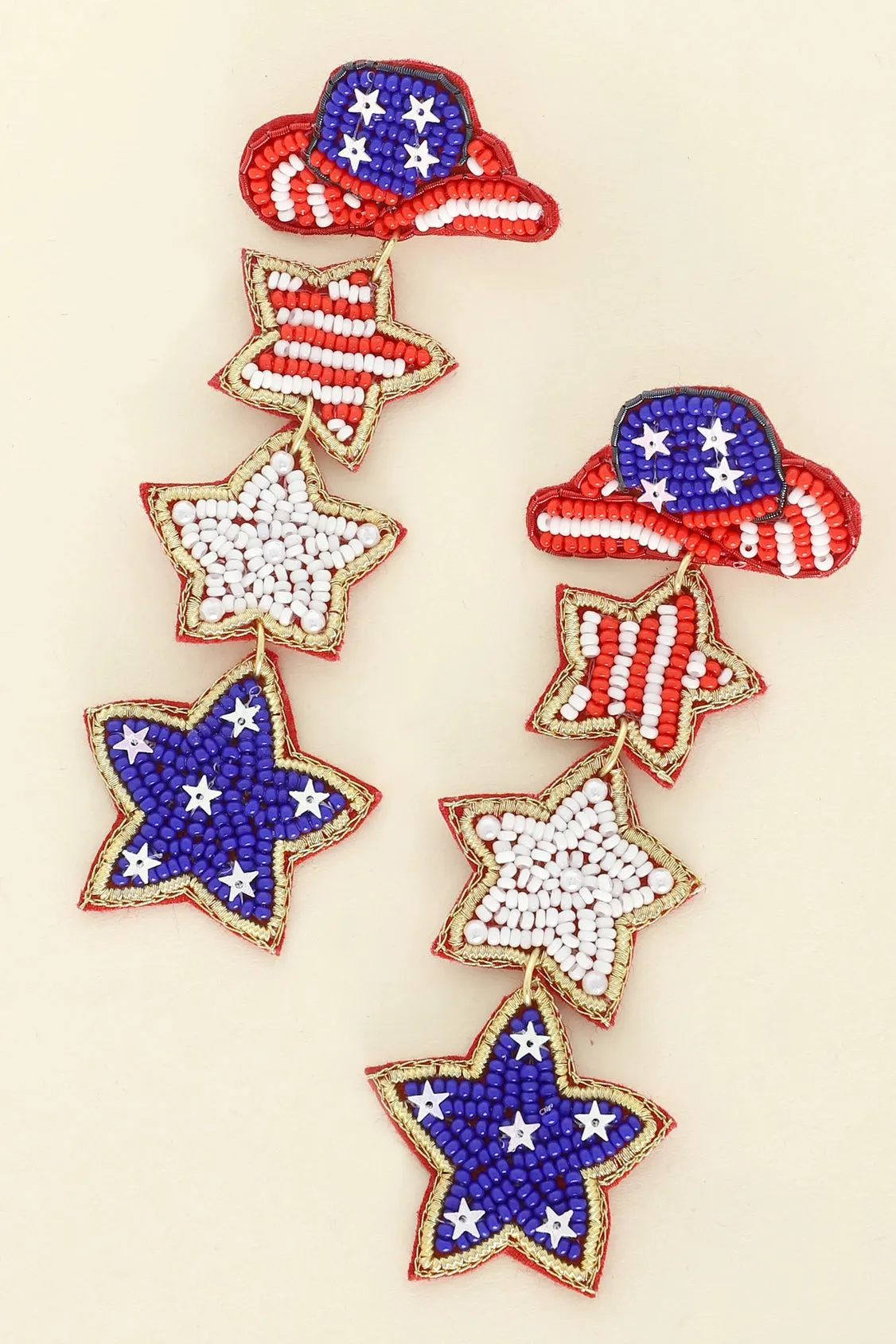 Western Cowboy Hat USA Flag Patriotic Star Beaded Dangle Earrings