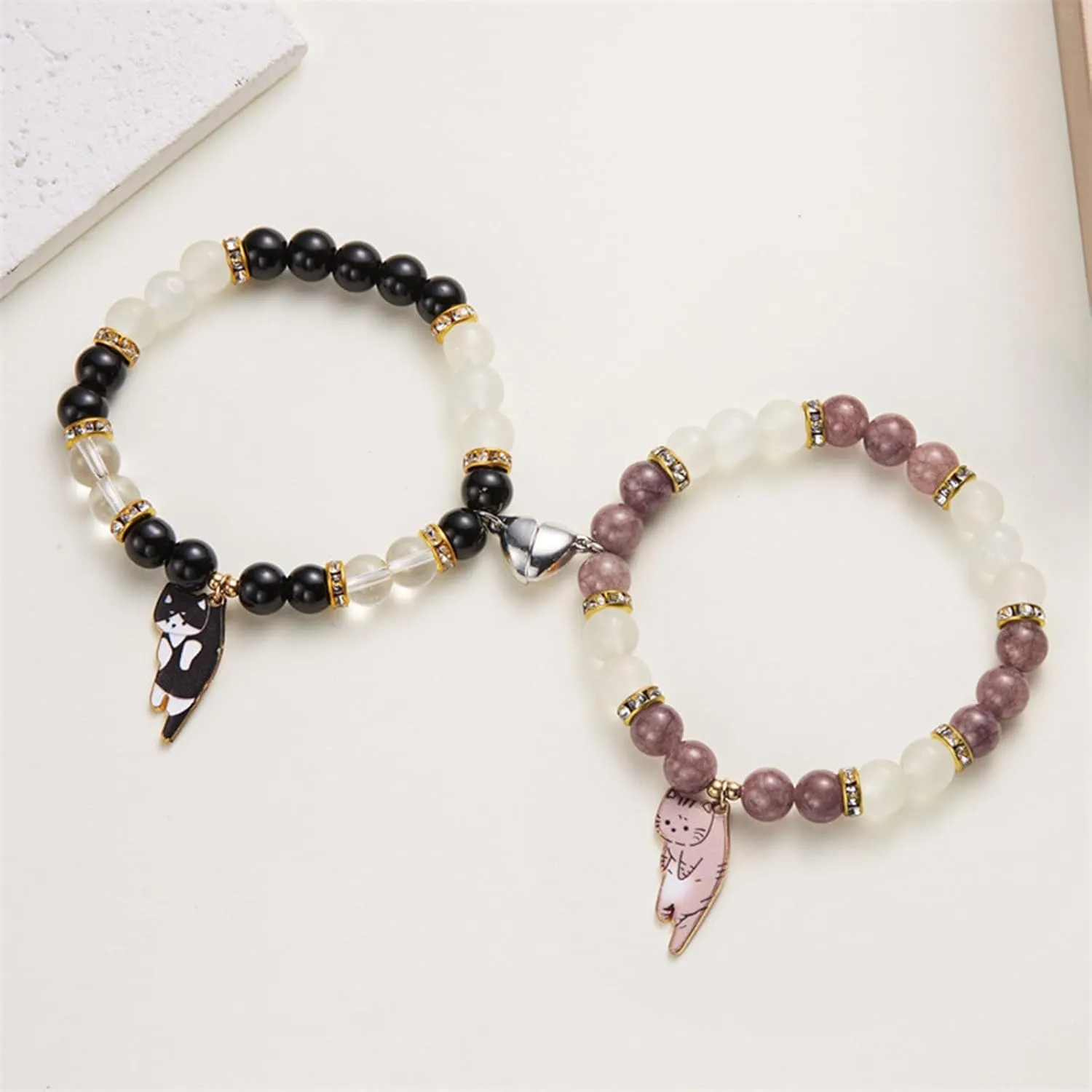 WETMT 2PCS Cat Bracelet for Couple Cat Matching Best Friend Couple Bracelets Cute Cat Beaded Charm Bracelets BFF Long Distance Bracelets for 2 Christmas Valentines Fashion Jewelry