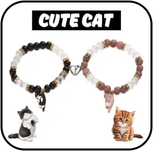 WETMT 2PCS Cat Bracelet for Couple Cat Matching Best Friend Couple Bracelets Cute Cat Beaded Charm Bracelets BFF Long Distance Bracelets for 2 Christmas Valentines Fashion Jewelry