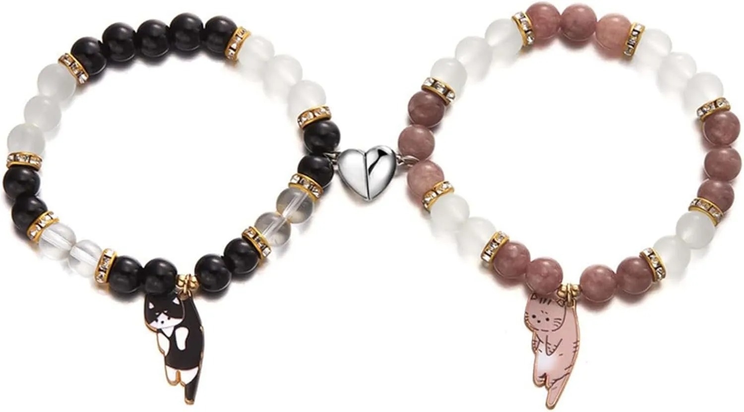 WETMT 2PCS Cat Bracelet for Couple Cat Matching Best Friend Couple Bracelets Cute Cat Beaded Charm Bracelets BFF Long Distance Bracelets for 2 Christmas Valentines Fashion Jewelry