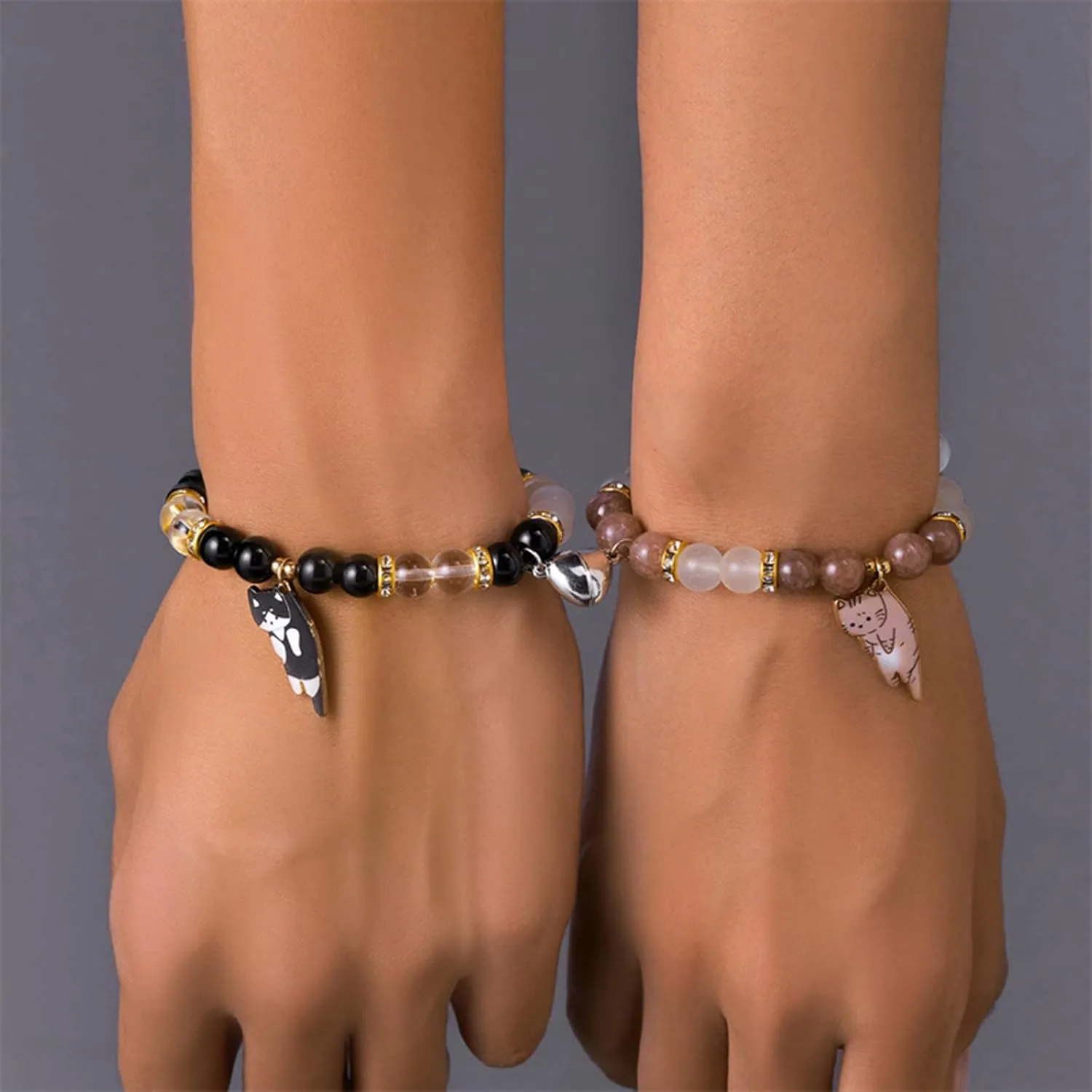 WETMT 2PCS Cat Bracelet for Couple Cat Matching Best Friend Couple Bracelets Cute Cat Beaded Charm Bracelets BFF Long Distance Bracelets for 2 Christmas Valentines Fashion Jewelry