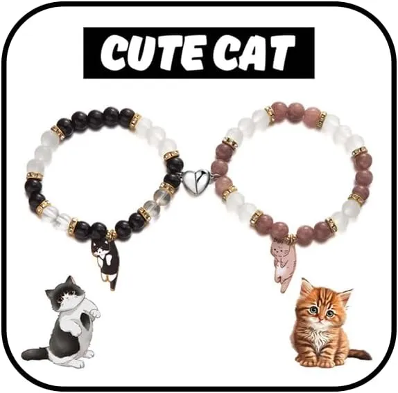 WETMT 2PCS Cat Bracelet for Couple Cat Matching Best Friend Couple Bracelets Cute Cat Beaded Charm Bracelets BFF Long Distance Bracelets for 2 Christmas Valentines Fashion Jewelry
