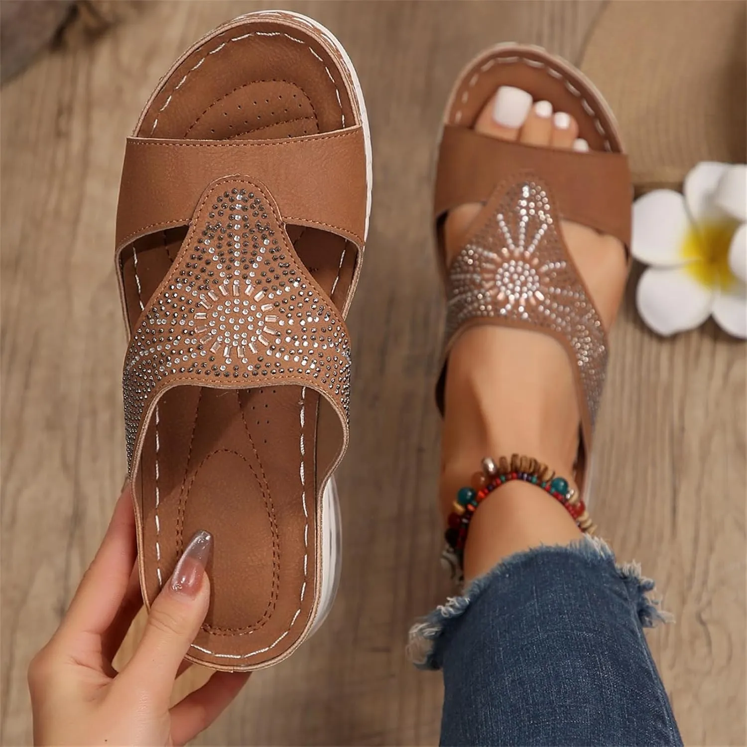 Women Arch Support Slides Orthotic Walking Sandals Orthopedic Summer Dressy Comfortable Wedge 2025 Non Slip Casual Shoes Flip Flops Platform Breathable Leather Flat Slippers