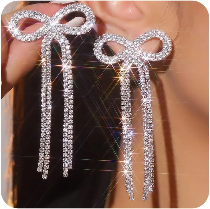 Women Bridal Silver Bow Rhinestone Earrings Dangling for Women Chandelier Statement Tassel Earrings Sparkly Drop Crystal Earrings Halloween Long Dangle Earrings