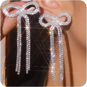 Women Bridal Silver Bow Rhinestone Earrings Dangling for Women Chandelier Statement Tassel Earrings Sparkly Drop Crystal Earrings Halloween Long Dangle Earrings