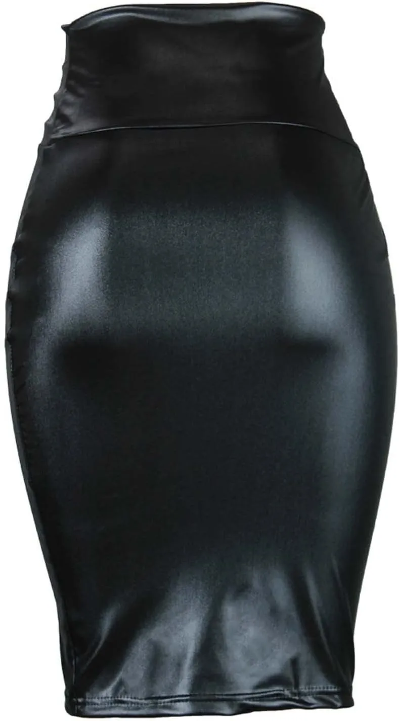 Women Faux PU Leather Bodycon Skirt High Waist Tight Pencil Skirt Sexy Half-Length Wrap Hip Skirt Clubwear