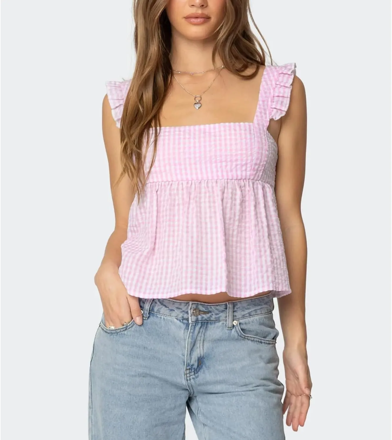 Women Gingham Babydoll Tank Top Cute Ruffle Flutter Sleeve Strap Peplum Shirt Y2K Square Neck Flowy Crop Cami Top