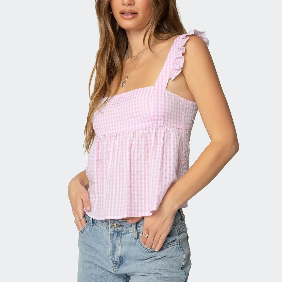 Women Gingham Babydoll Tank Top Cute Ruffle Flutter Sleeve Strap Peplum Shirt Y2K Square Neck Flowy Crop Cami Top
