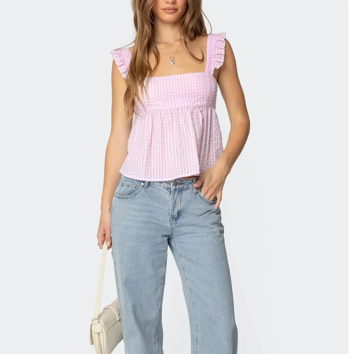 Women Gingham Babydoll Tank Top Cute Ruffle Flutter Sleeve Strap Peplum Shirt Y2K Square Neck Flowy Crop Cami Top