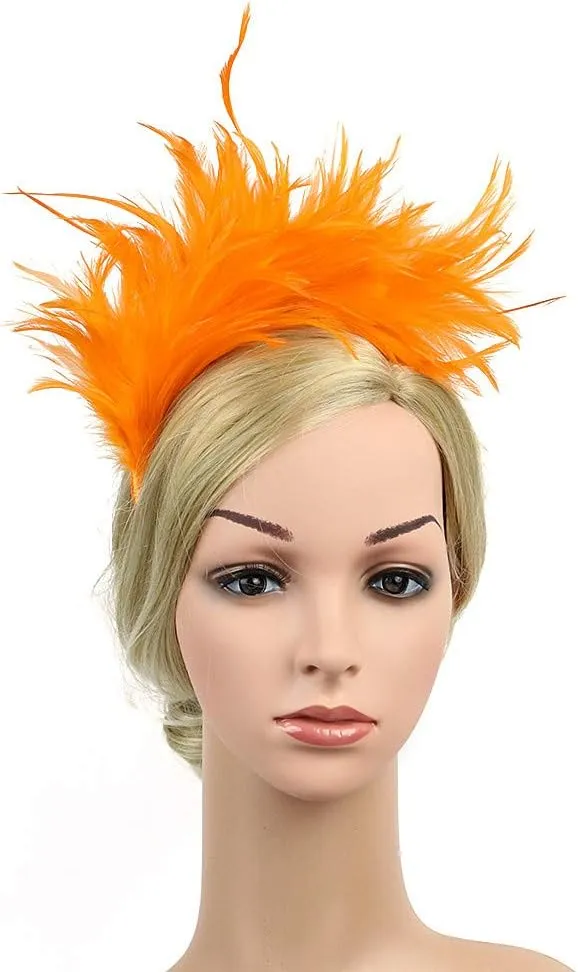 Women Girl Fascinators Hair Clip Hairpin Hat Feather ocktail Wedding Tea Part Hat for Part (Orange, One Size)