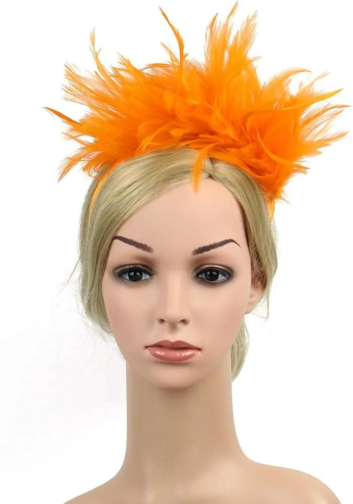 Women Girl Fascinators Hair Clip Hairpin Hat Feather ocktail Wedding Tea Part Hat for Part (Orange, One Size)