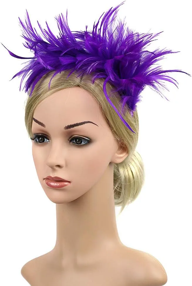 Women Girl Fascinators Hair Clip Hairpin Hat Feather ocktail Wedding Tea Part Hat for Part (Purple, One Size)