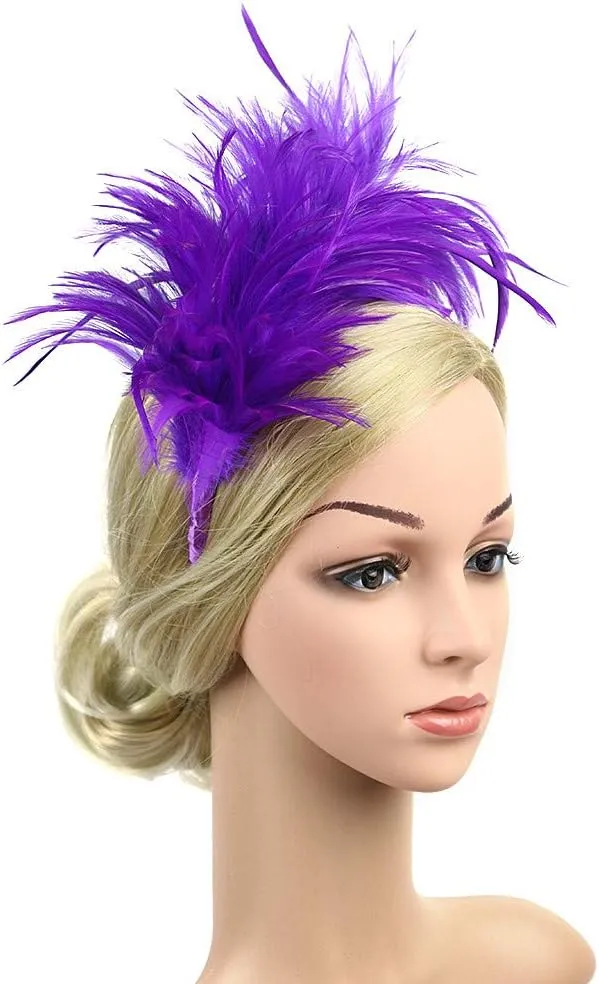 Women Girl Fascinators Hair Clip Hairpin Hat Feather ocktail Wedding Tea Part Hat for Part (Purple, One Size)