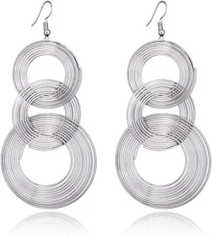 Women Gold Plated Long 70s Disco Earrings hoop round 3 circles Multi-layer drop big alloy geometric party wear Earring